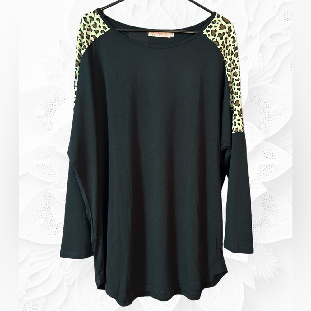 Oversized Batwing Long Sleeve Shirt. Black w/ Leopard Print Patches On Shoulders